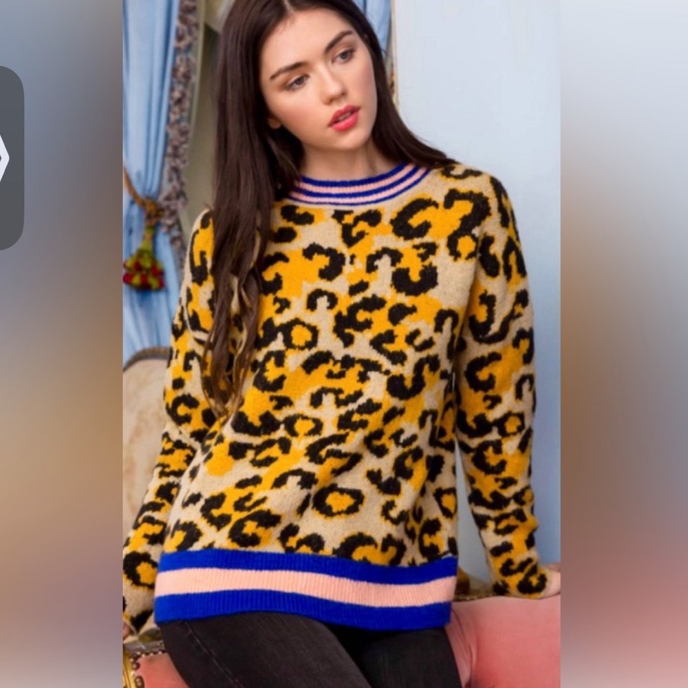 THML NWT leopard blue coral neckline cuff hem bands L knit chunky fall sweater